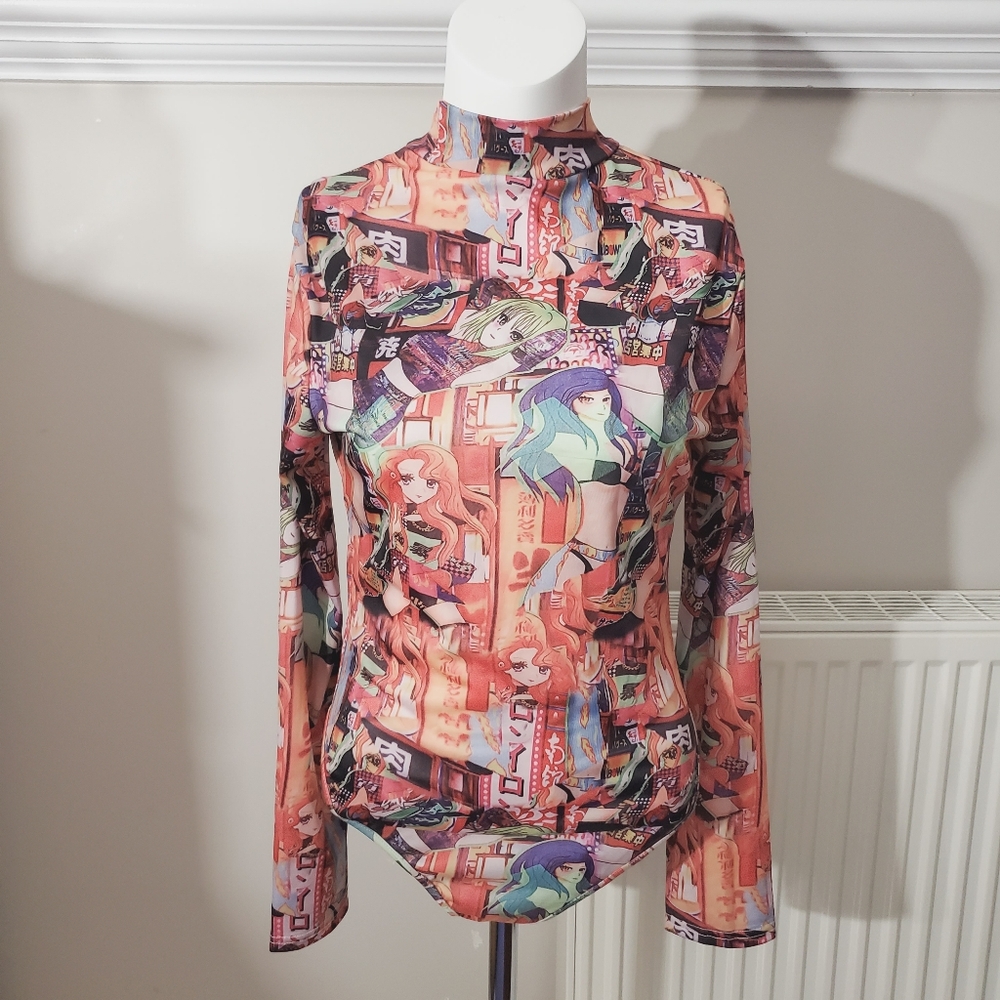 Japanese Anime-Manga Graphic Print Mock Neck Bodysuit Onesie- Size Small